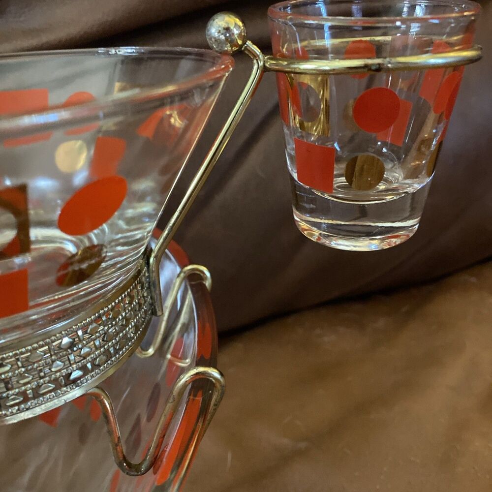 Vintage MCM Glass Shrimp Chip Dip Bowl Retro 50s Entertaining Atomic Red Gold - Picture 6 of 6